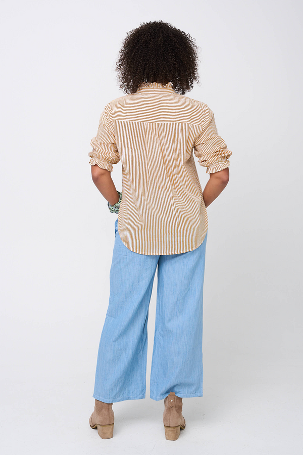 Good Girlfriend Shirt with Ruffle Trim Menswear Stripe Mocha