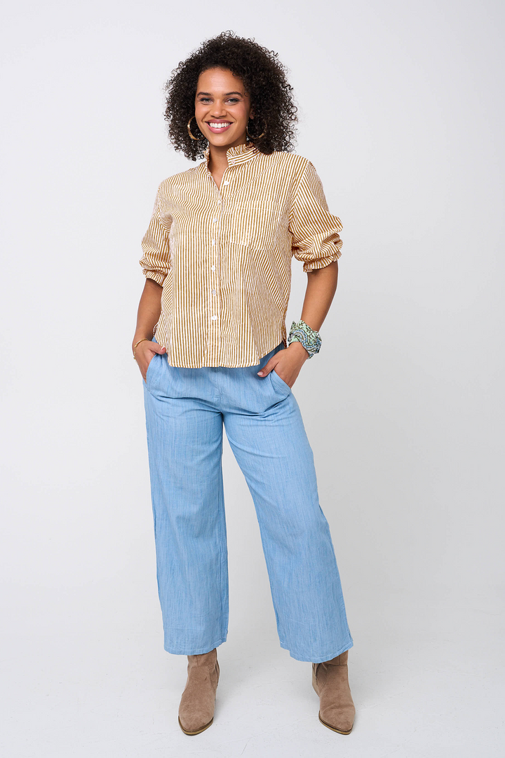 Good Girlfriend Shirt with Ruffle Trim Menswear Stripe Mocha