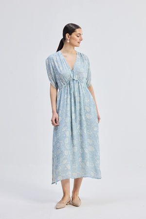 Gathered Maxi Dress with Drawstring in Blue Florals