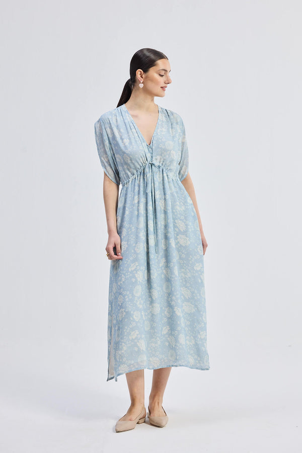 Gathered Maxi Dress with Drawstring in Blue Florals