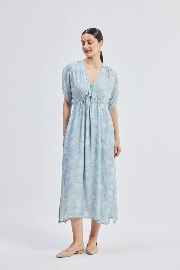 Gathered Maxi Dress with Drawstring in Blue Florals