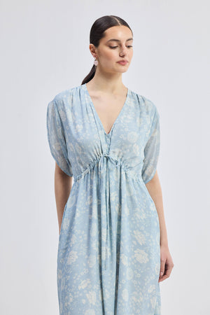 Gathered Maxi Dress with Drawstring in Blue Florals
