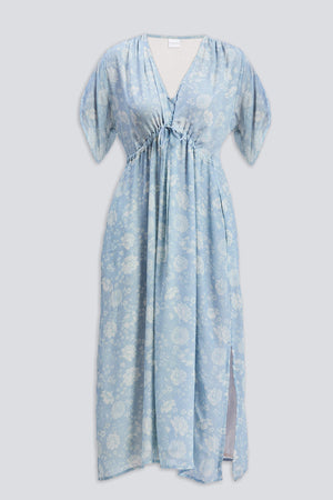 Gathered Maxi Dress with Drawstring in Blue Florals