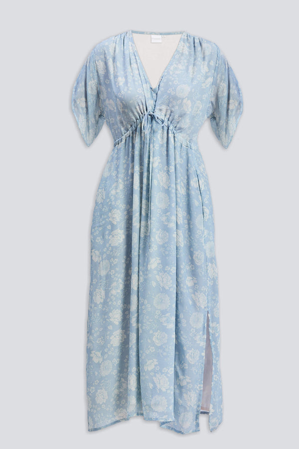 Gathered Maxi Dress with Drawstring in Blue Florals