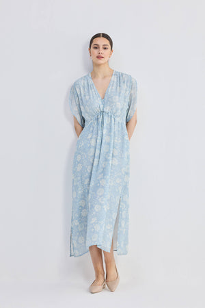 Gathered Maxi Dress with Drawstring in Blue Florals