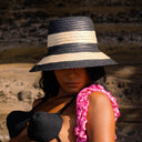NONA Striped Bucket Palm Straw Hat In Black and Natural