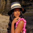 NONA Striped Bucket Palm Straw Hat In Black and Natural