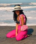 NONA Striped Bucket Palm Straw Hat In Black and Natural