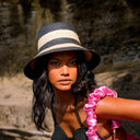 NONA Striped Bucket Palm Straw Hat In Black and Natural