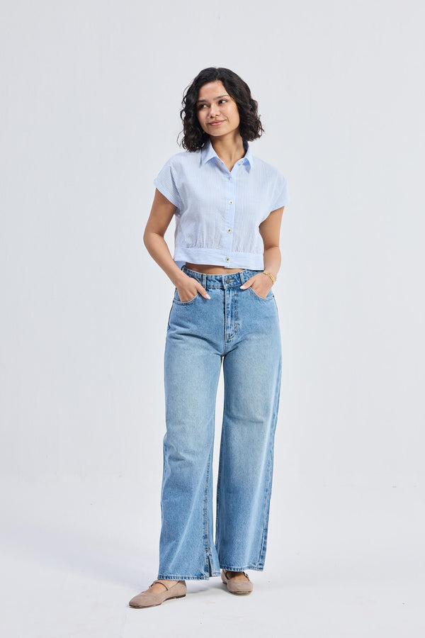 Oversized Crop Shirt in Classic Stripes