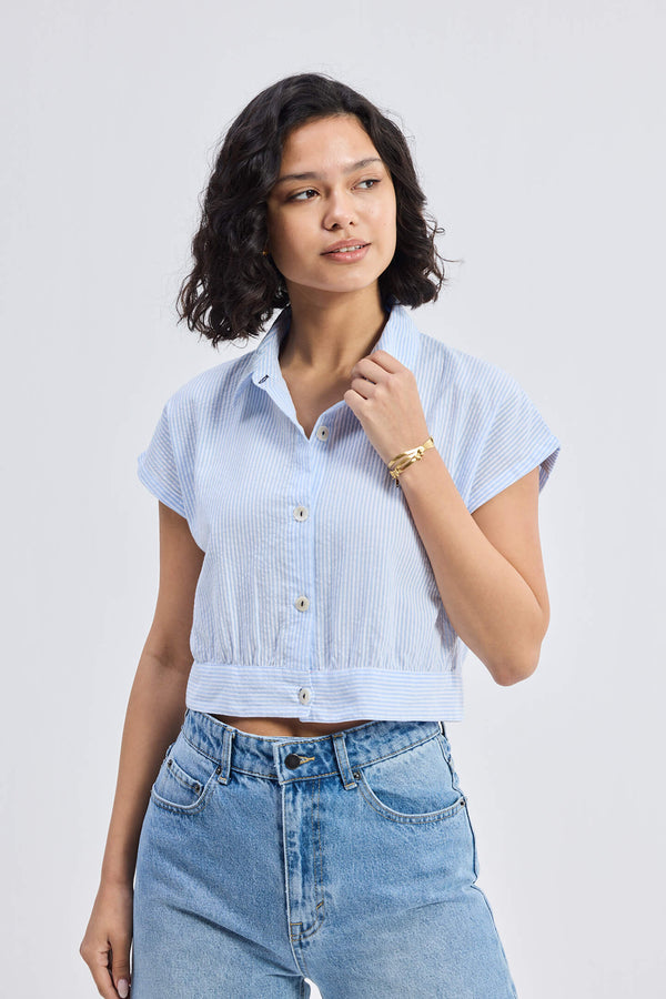 Oversized Crop Shirt in Classic Stripes