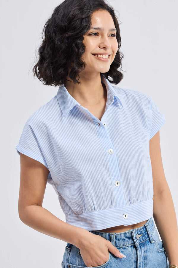 Oversized Crop Shirt in Classic Stripes