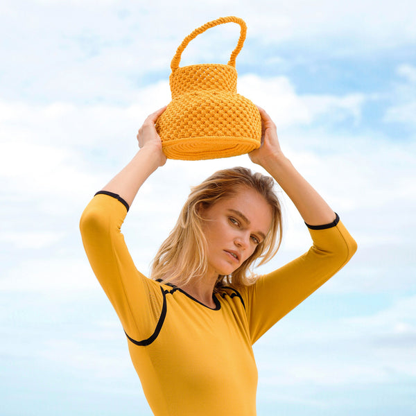 PETITE NAGA Macrame Vessel Basket Bag in Butter Yellow