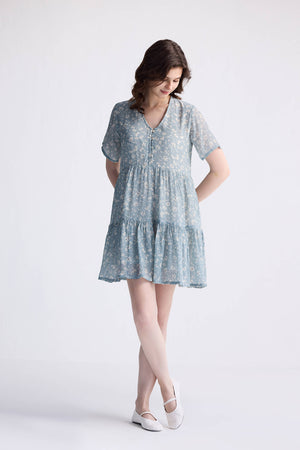 Floral Short Tiered dress in Light Blue