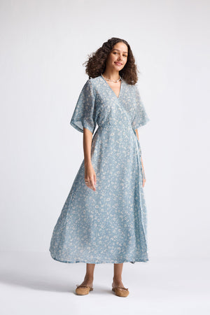Maxi Wrap Dress in Light Blue Florals