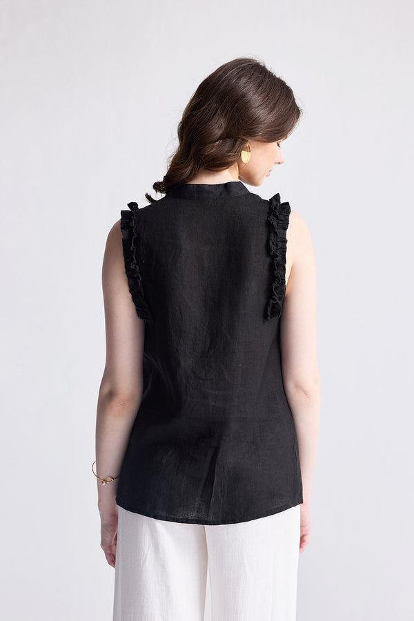 Sleeveless Hemp Top with Ruffles in Black