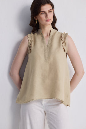 Sleeveless Hemp Top with Ruffles in Neutral Beige