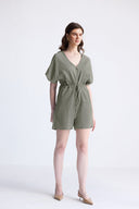 V neck Drawstring Romper in Dark Green
