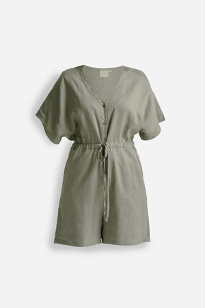 V neck Drawstring Romper in Dark Green