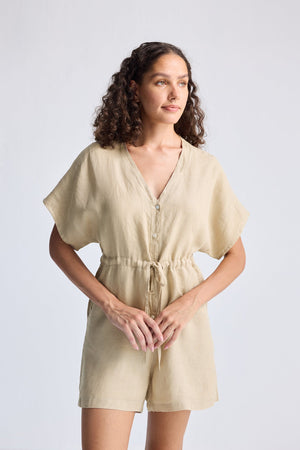 V neck Drawstring Romper in Neutral Beige