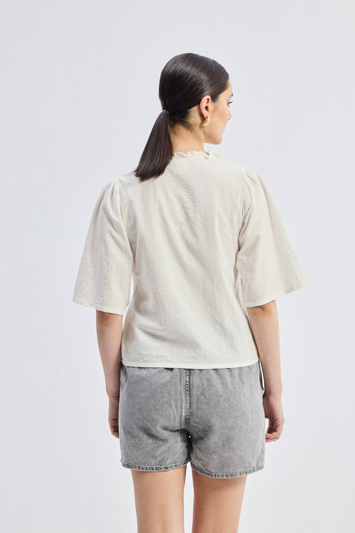 Relaxed Fit Top With Ruffles and Front-Ties in Cream