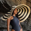 SOLANA Oversized Striped Straw Hat in Black & Natural