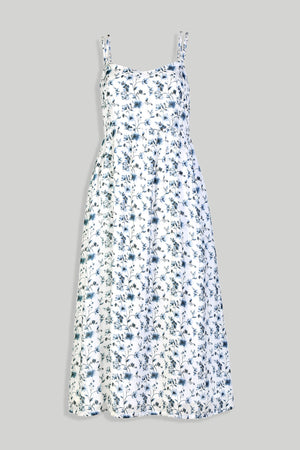 Strappy Gathered Blue Floral Midi Dress