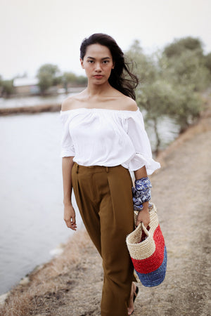 SAYAN Raffia Tote Bag, in Red & Blue