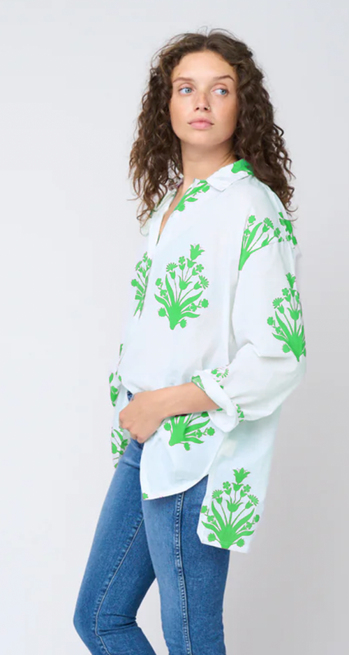 Relaxed Boyfriend Shirt - Cameo Floral Kelly Green