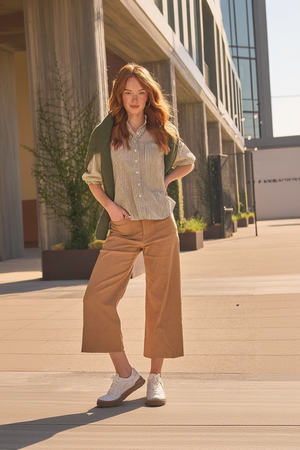 Good Girlfriend Shirt with Ruffle Trim Menswear Stripe Olive