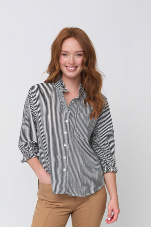 Good Girlfriend Shirt with Ruffle Trim Menswear Stripe Black