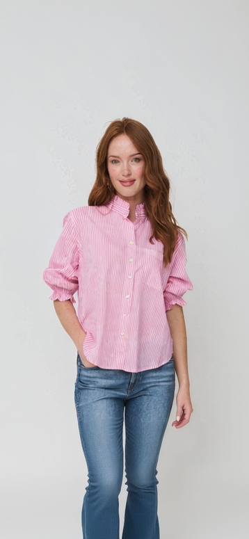 Good Girlfriend Shirt with Ruffle Trim Menswear Stripe Dahlia