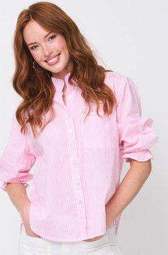 Good Girlfriend Shirt with Ruffle Trim Menswear Stripe Tickled Pink
