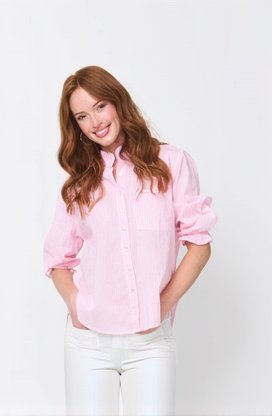 Good Girlfriend Shirt with Ruffle Trim Menswear Stripe Tickled Pink