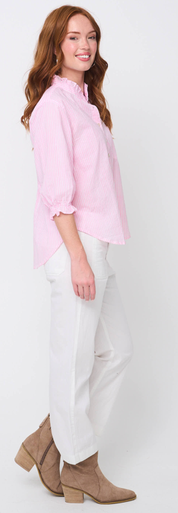 Good Girlfriend Shirt with Ruffle Trim Menswear Stripe Tickled Pink