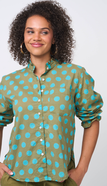 Good Girlfriend Shirt with Ruffle Trim - True Dot Olive/Cerulean