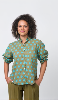 Good Girlfriend Shirt with Ruffle Trim - True Dot Olive/Cerulean