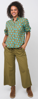 Good Girlfriend Shirt with Ruffle Trim - True Dot Olive/Cerulean
