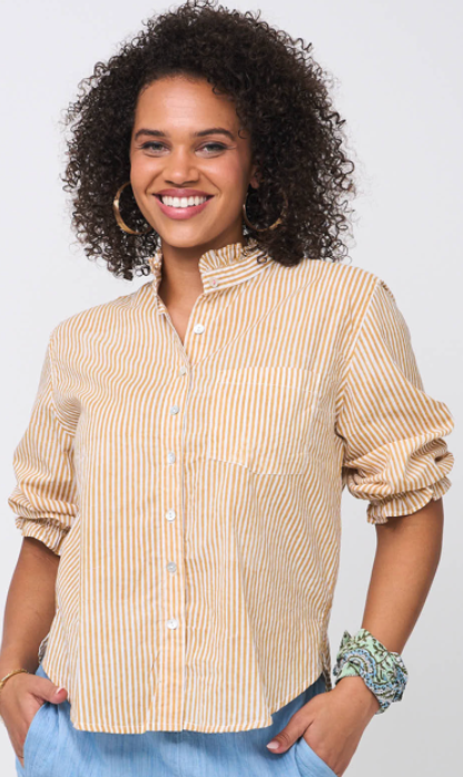 Good Girlfriend Shirt with Ruffle Trim Menswear Stripe Honeycomb