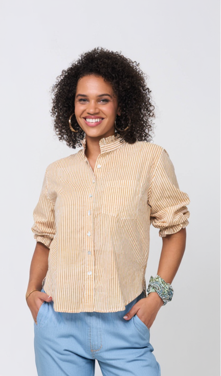 Good Girlfriend Shirt with Ruffle Trim Menswear Stripe Honeycomb