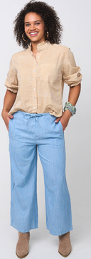 Good Girlfriend Shirt with Ruffle Trim Menswear Stripe Honeycomb