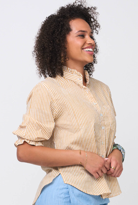 Good Girlfriend Shirt with Ruffle Trim Menswear Stripe Honeycomb