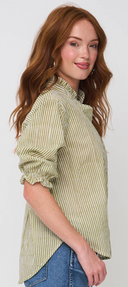 Good Girlfriend Shirt with Ruffle Trim Menswear Stripe Olive