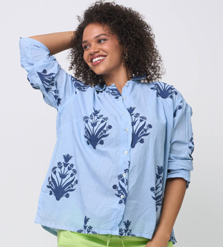 Relaxed Boyfriend Shirt - Cameo Floral Overdye Cornflower Blue