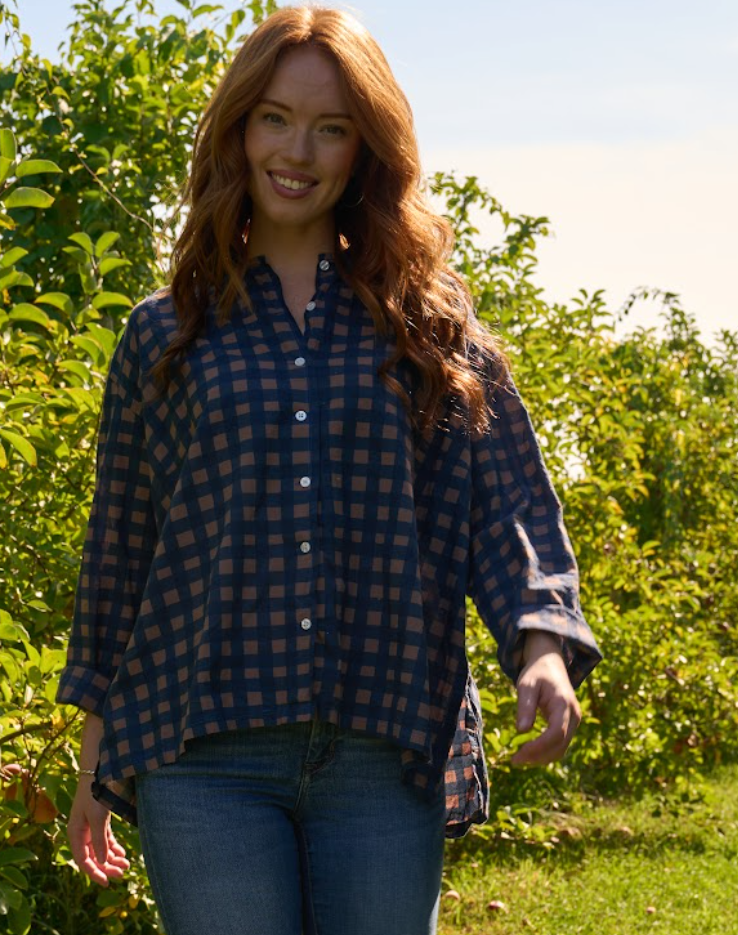 Relaxed Boyfriend Shirt - Gingham Picnic Overdye Milk Chocolate