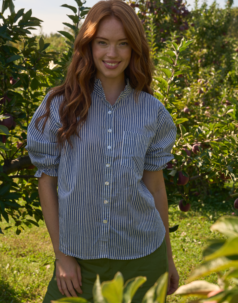 Good Girlfriend Shirt with Ruffle Trim Menswear Stripe Coastal Blue