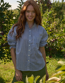 Good Girlfriend Shirt with Ruffle Trim Menswear Stripe Coastal Blue