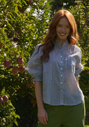 Good Girlfriend Shirt with Ruffle Trim Menswear Stripe Coastal Blue