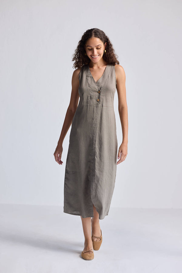 Straight Dress with Front Slit in Dark Green Hemp