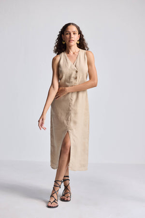 Straight Dress with Front Slit in Neutral Beige Hemp